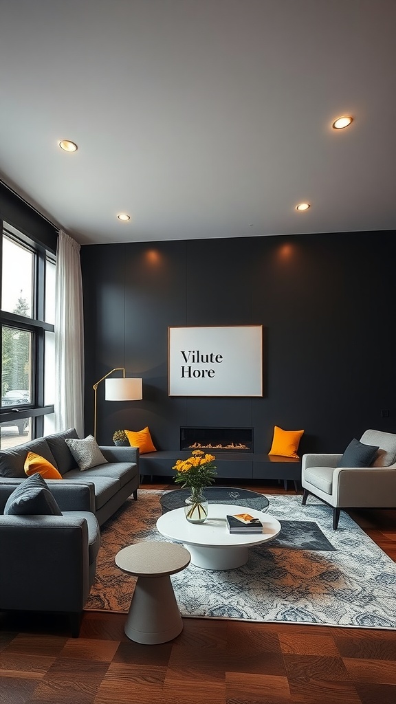 A living room with a black accent wall, gray sofas, yellow pillows, and a round coffee table.