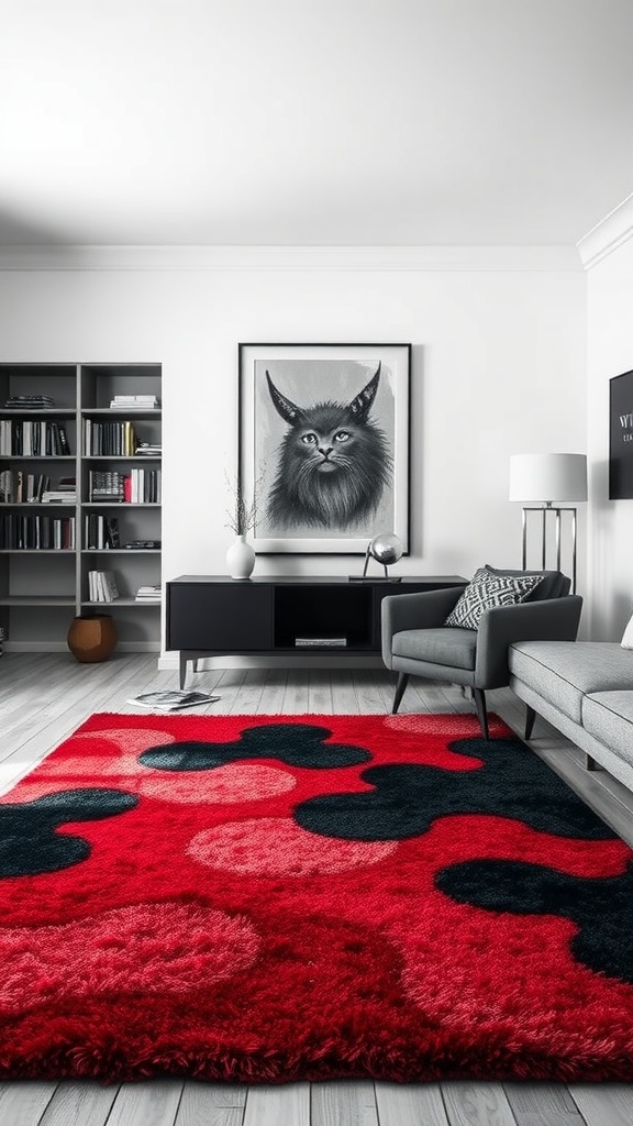 A vibrant red and black area rug with abstract patterns in a modern living room setting.