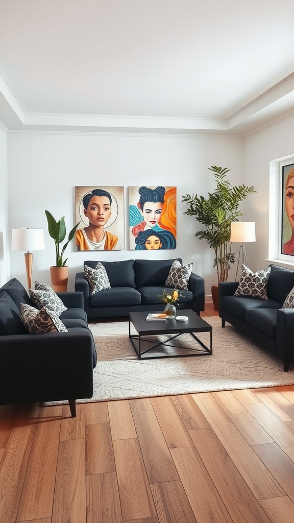 A modern living room featuring dark sofas, vibrant art pieces on the wall, and a plant in a pot.