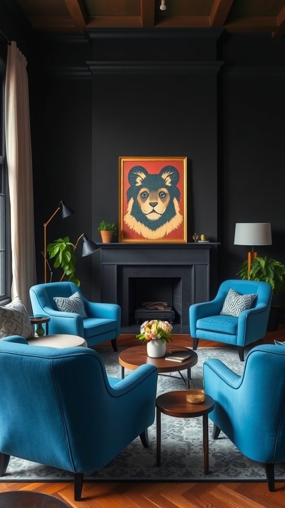 Living room featuring vibrant blue accent chairs with a dark wall and an artwork of a bear.