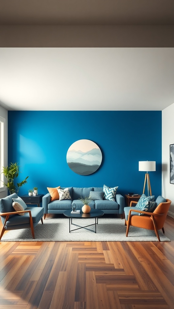 A bright blue accent wall in a cozy living room, featuring modern furniture and decorative elements.