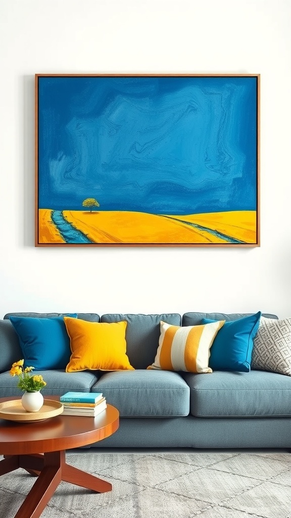 A living room featuring blue and yellow artwork above a grey sofa adorned with colorful pillows and a wooden coffee table.