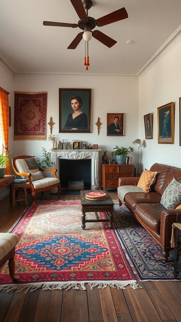 A vintage living room showcasing a vibrant bohemian rug, brown leather sofa, wooden furniture, and framed portraits on the walls.