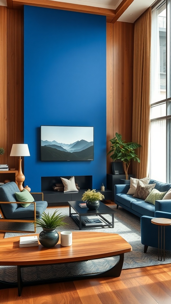 A living room featuring a vibrant cobalt blue wall, natural brown accents, and stylish furniture.