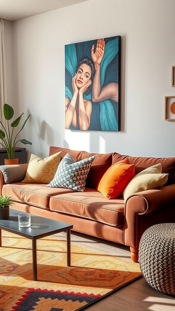 Living room with a brown couch, colorful cushions, and vibrant wall art