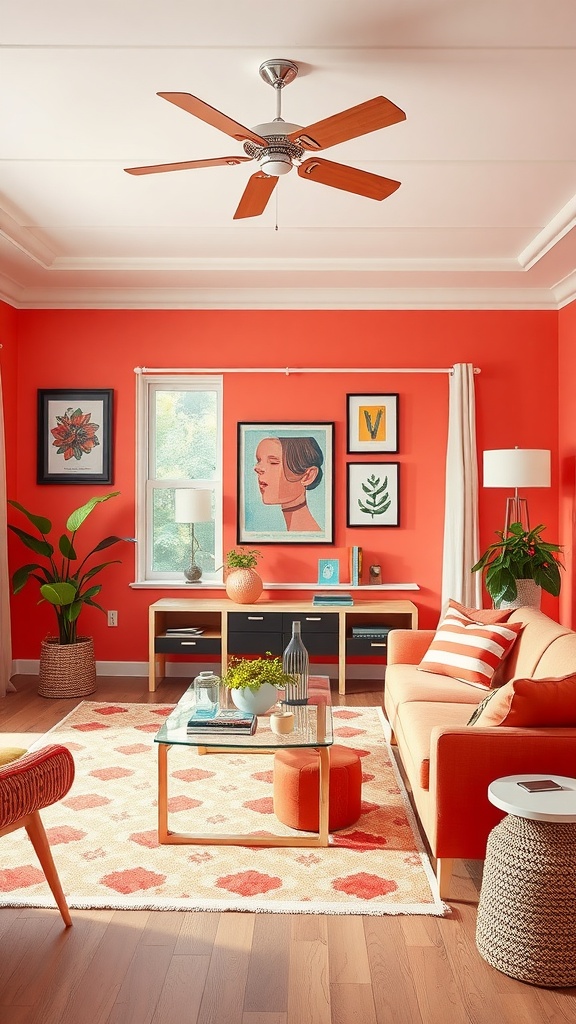 A living room with vibrant coral walls, featuring a cozy sofa, artwork, and plants.