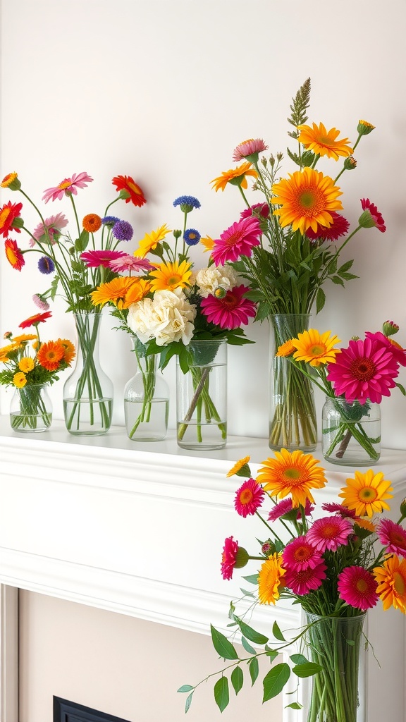 A colorful display of flowers in various vases on a mantel, featuring pink, yellow, and orange blooms.