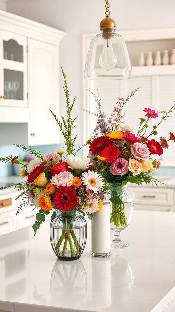 Two vibrant floral centerpieces on a kitchen island, featuring a variety of colorful flowers in glass vases.