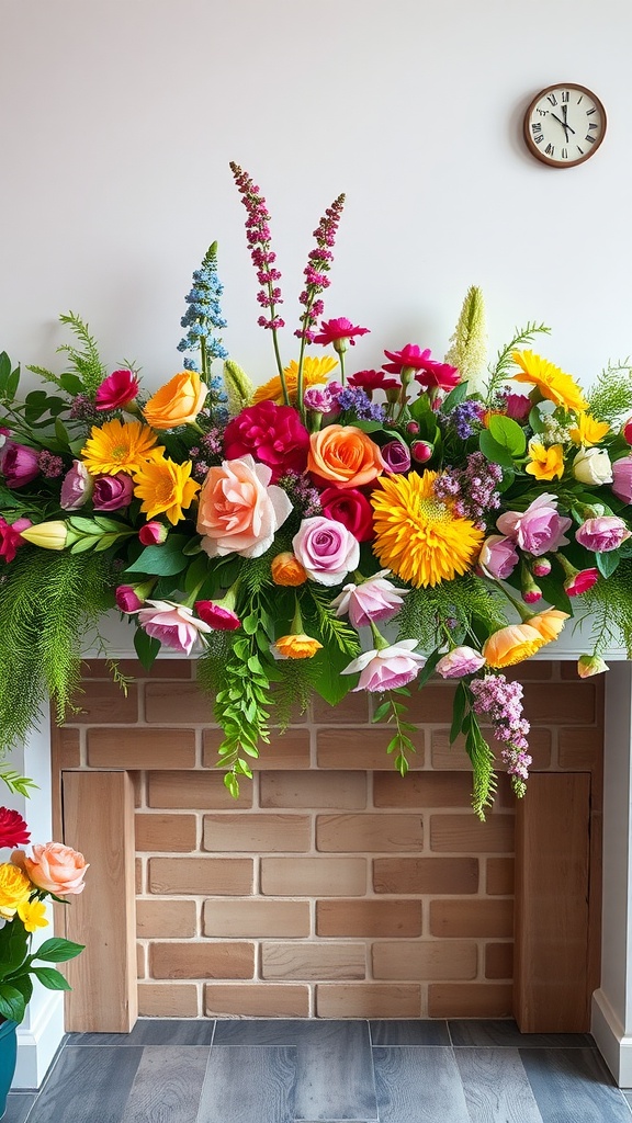 A colorful flower garland with various blooms and greenery displayed on a mantel.