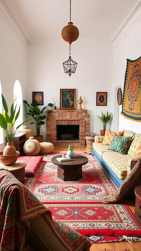 A vibrant living room with a Moroccan-inspired decor featuring a red patterned rug, colorful cushions, and plants.