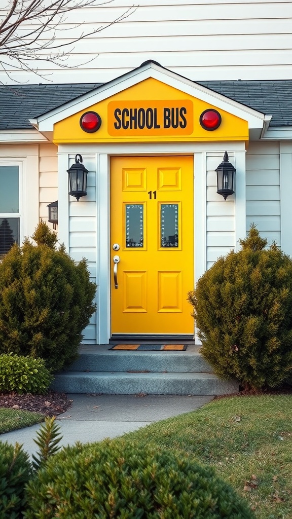 A vibrant yellow front door styled like a school bus with decorative elements