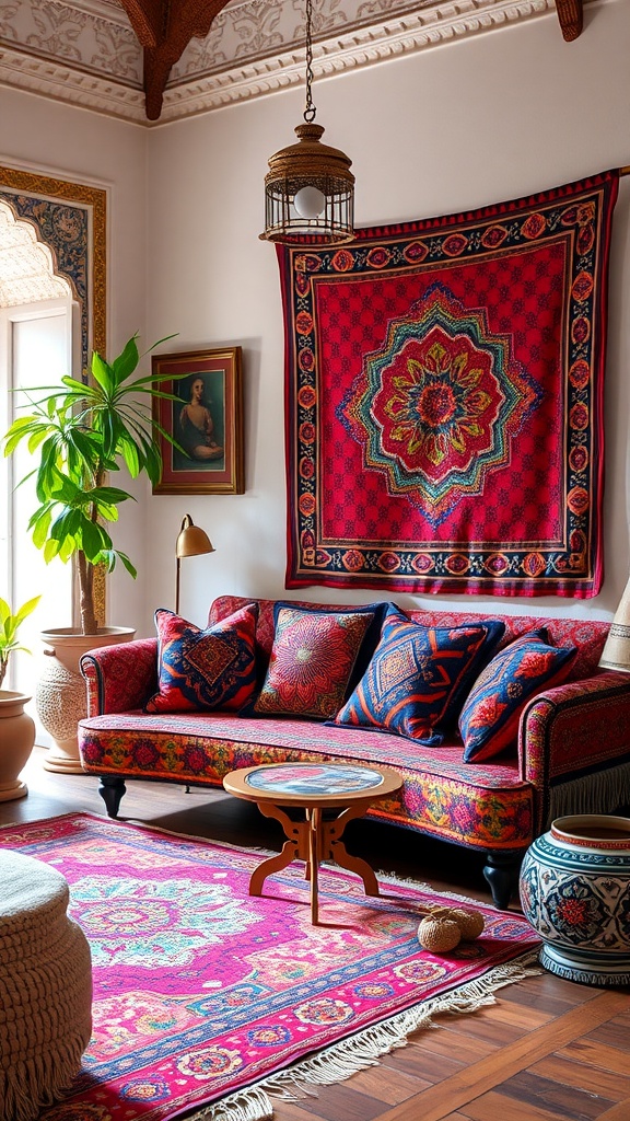 A cozy Moroccan living room featuring vibrant textiles with red tones and intricate patterns, decorated with cushions, a wall hanging, and a wooden table.