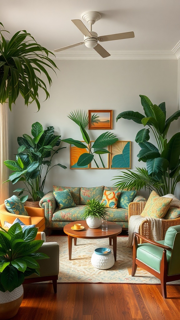 A vibrant living room with tropical decor featuring lush plants, colorful furniture, and tropical artwork