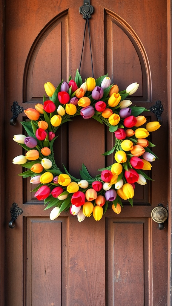 A colorful tulip wreath hanging on a wooden door.