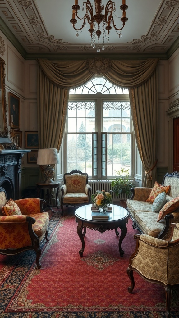 A Victorian-style living room featuring ornate furniture, elegant chandelier, and rich decor