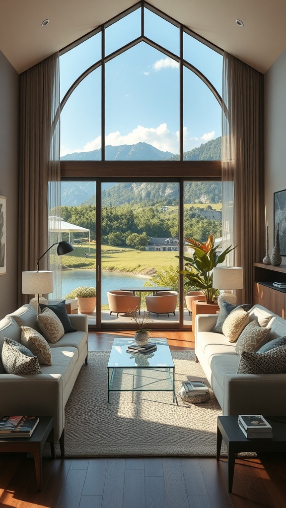 Cozy living room with large windows framing a beautiful outdoor view, featuring light sofas, a glass coffee table, and decorative plants.