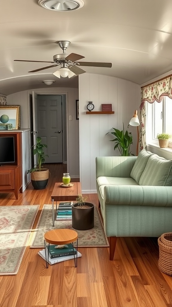 A cozy mobile home living room featuring a mint green sofa, wooden furniture, and plants.