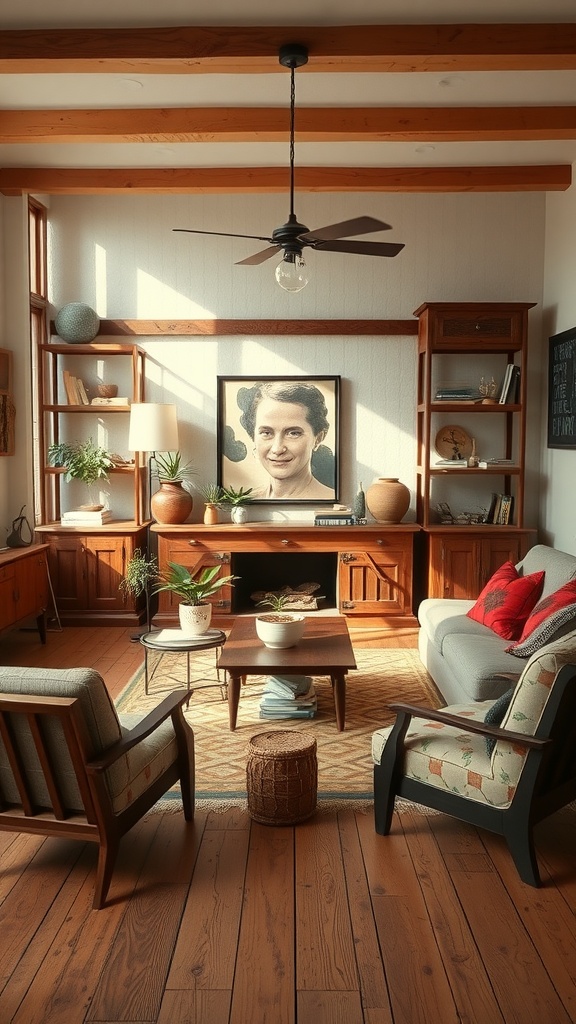 A rustic living room featuring vintage-inspired furniture, wooden shelves, and a portrait on the wall