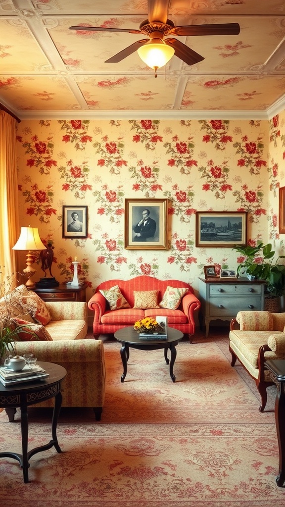 Living room featuring vintage-inspired wallpaper with floral prints, cozy furniture, and decorative accents.