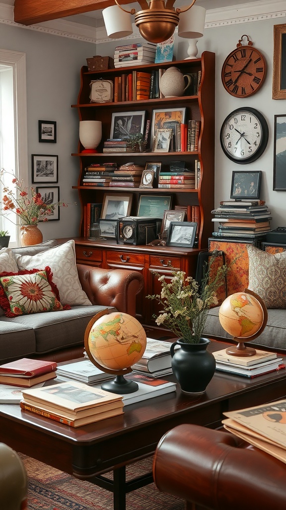 A cozy living room with vintage accessories, including books, globes, and framed pictures on a wooden bookshelf.