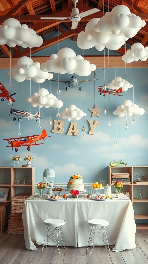 A vintage airplane themed baby shower setup with clouds and model planes.