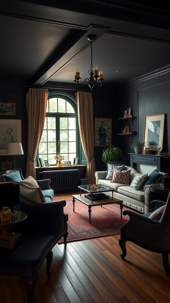 A cozy vintage living room with black furniture, wooden floors, and a large window