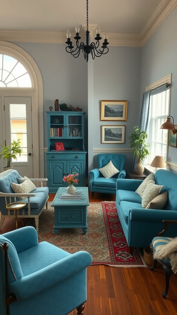 A cozy living room with vintage blue furniture, featuring sofas, a coffee table, and a decorative rug.