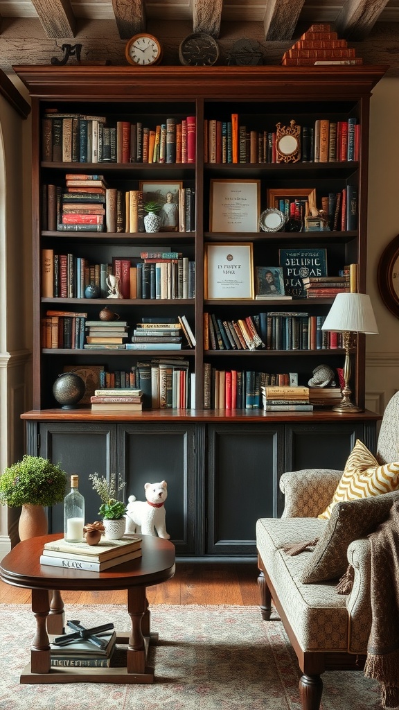 A vintage-style bookcase filled with colorful books, decorative items, and a cozy seating area.