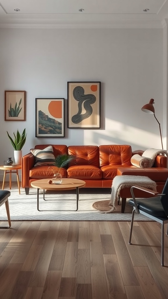 A vintage brown leather sofa in a stylish living room with artwork and plants.