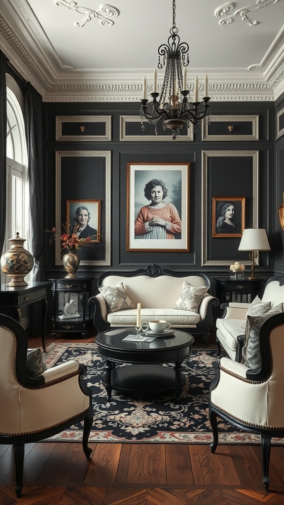 A vintage living room with black and cream color scheme, featuring elegant furniture and classic portraits on the walls.