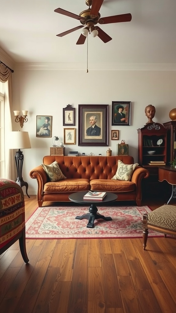 A vintage living room featuring a brown couch, antique portraits on the wall, and wooden flooring.