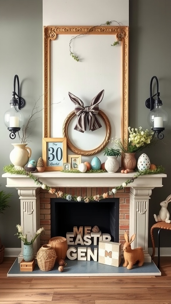 Vintage Easter mantel with decorative eggs, bunny, and greenery