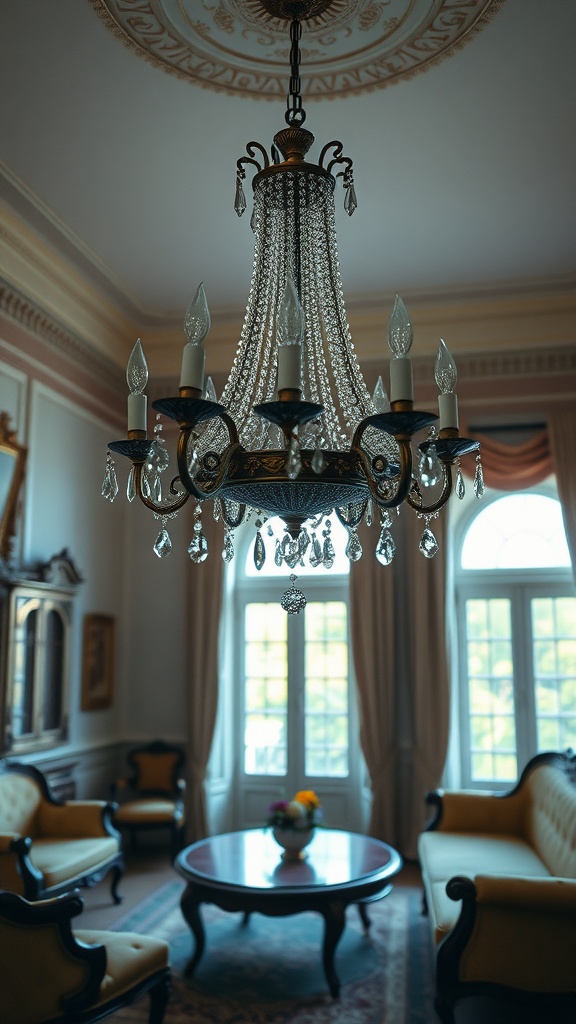 A vintage chandelier with crystals hanging in a beautifully decorated living room.