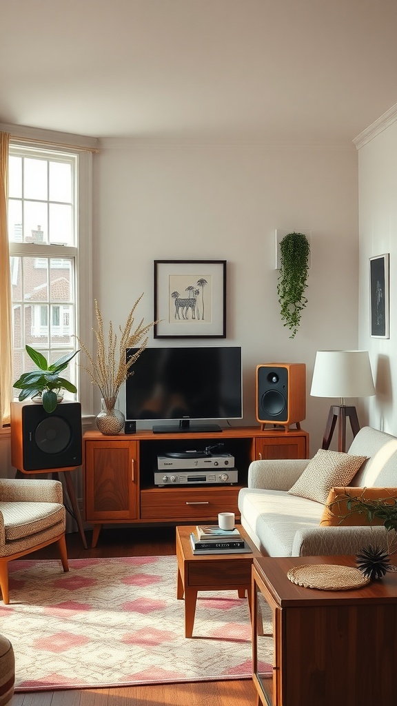 A vintage entertainment center with a wooden finish, holding a television and stereo, surrounded by cozy furniture and decorative plants.