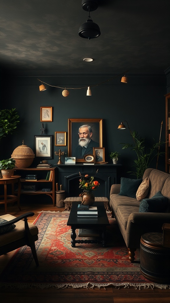 A dark boho living room featuring vintage furniture and decor