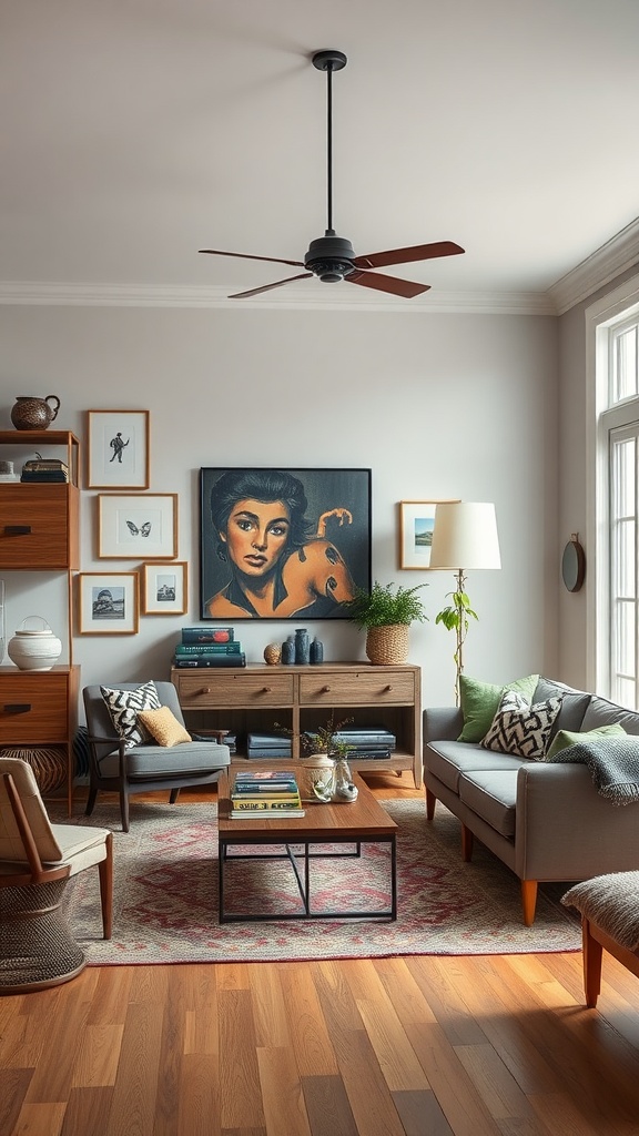 A cozy living room featuring vintage decor, a large artwork, and natural elements.