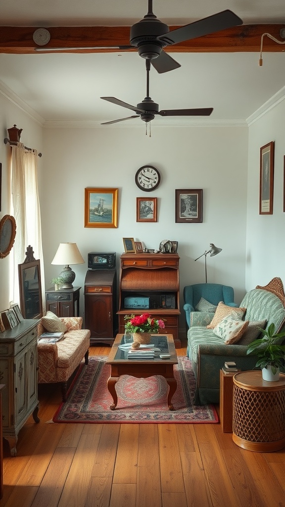 Cozy vintage living room with teal and beige furniture, wooden beams, and decorative wall art