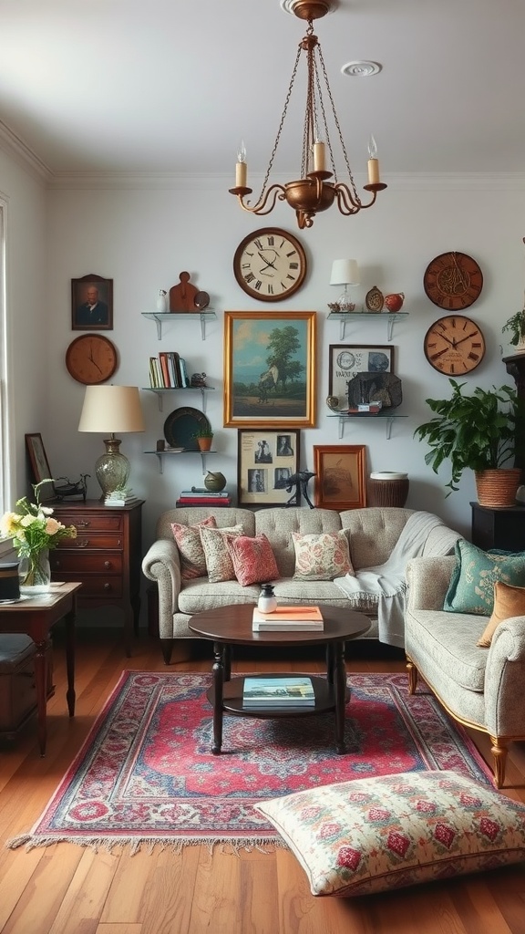 Cozy living room with vintage decor, including framed artwork, antique clocks, and patterned cushions