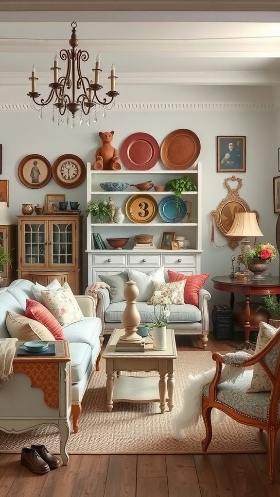 Cozy French country living room with vintage decor, featuring a blue sofa, wooden furniture, and decorative plates on the wall.