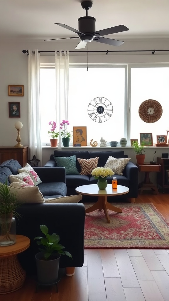 A cozy living room featuring a black couch, vintage decor, and plants.