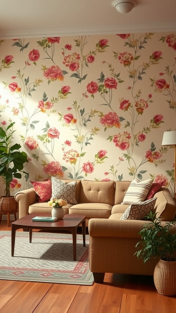 A cozy living room with a vintage floral print accent wall, featuring a beige sofa, a coffee table, and potted plants.