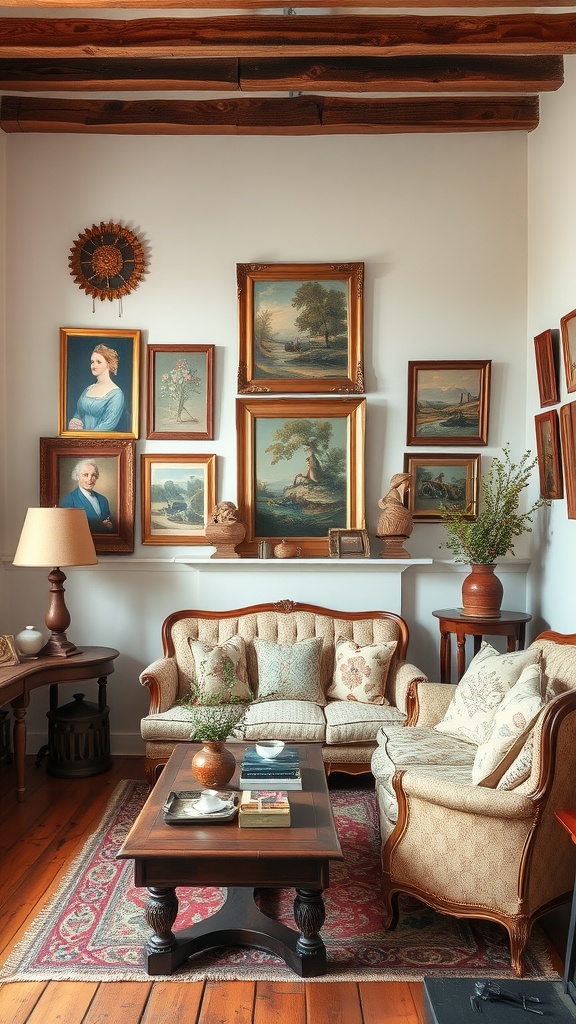 A cozy French country living room with vintage artwork displayed on the wall, featuring a mix of portraits and landscapes, along with comfortable seating and a coffee table.