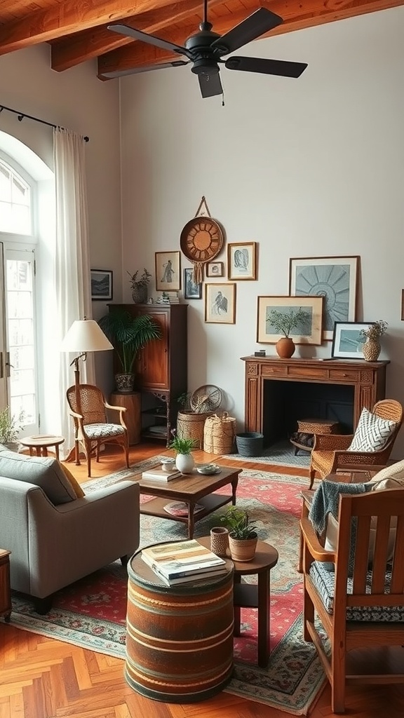 A cozy living room featuring vintage furniture, including wooden chairs and a round coffee table, with a mix of plants and wall art.