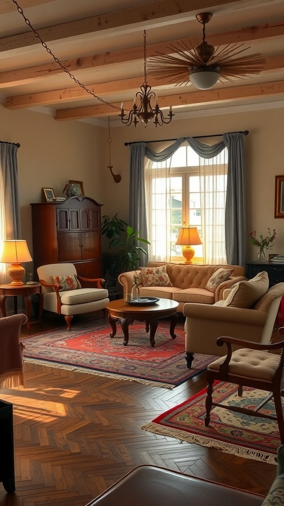 A cozy living room featuring vintage furniture, soft lighting, and warm color tones.