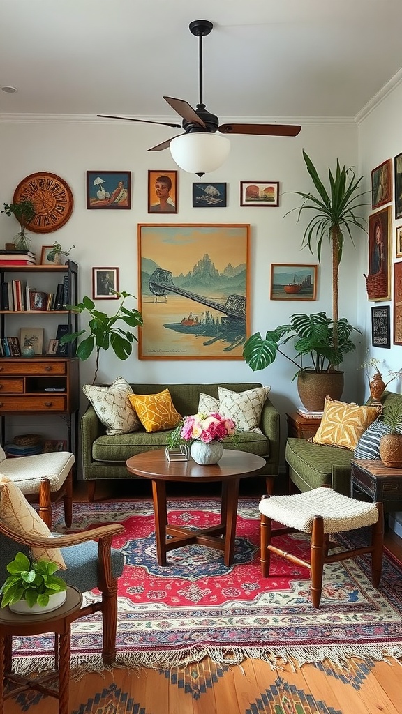 A cozy boho-style living room featuring vintage furniture, including an olive green sofa, round coffee table, and woven stools, adorned with plants and framed artwork.