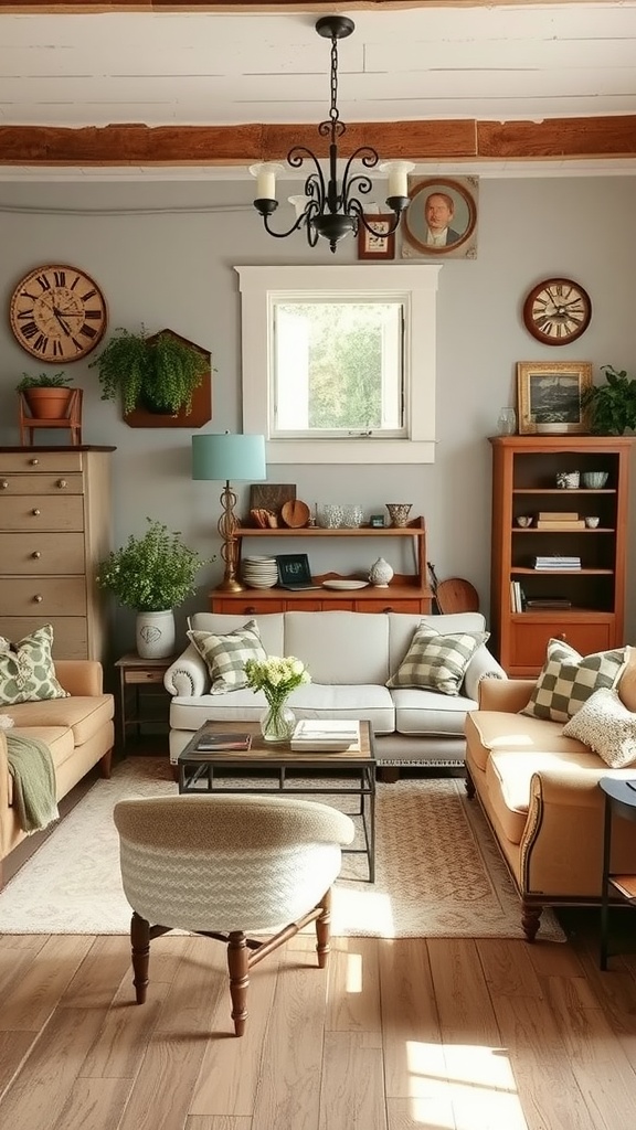 Cozy farmhouse style living room with vintage furniture, soft colors, and warm decor.