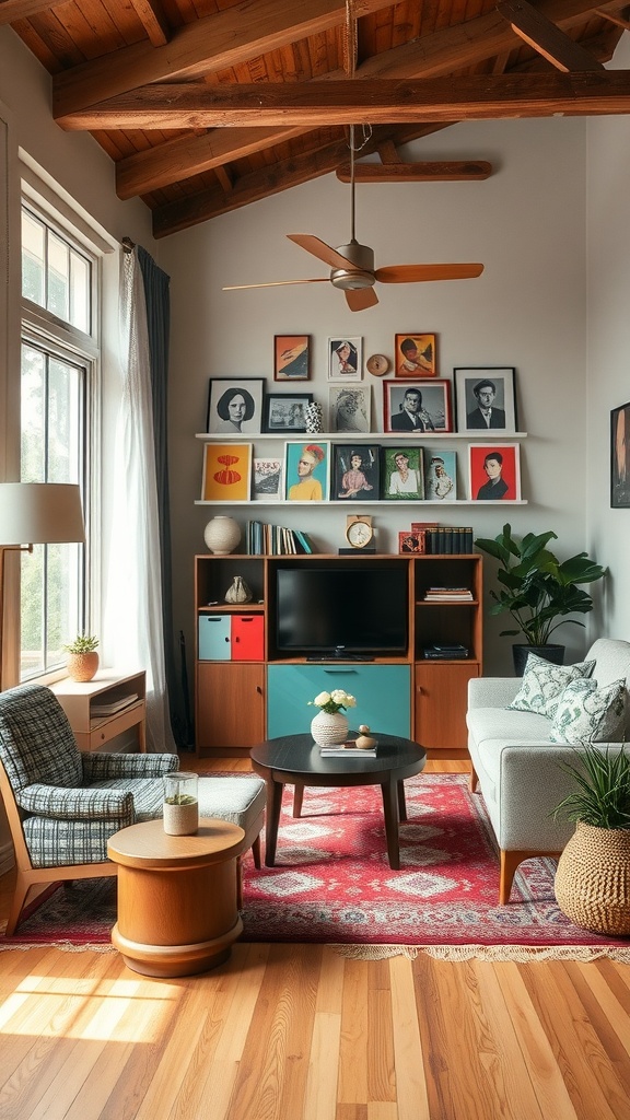 A cozy living room with vintage furniture, featuring a plaid chair, circular wooden table, and a gallery wall of colorful art.