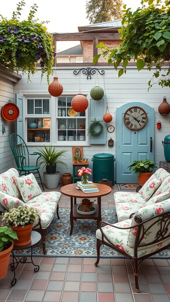 A cozy vintage garden retreat featuring floral-patterned furniture, hanging plants, and a blue door.