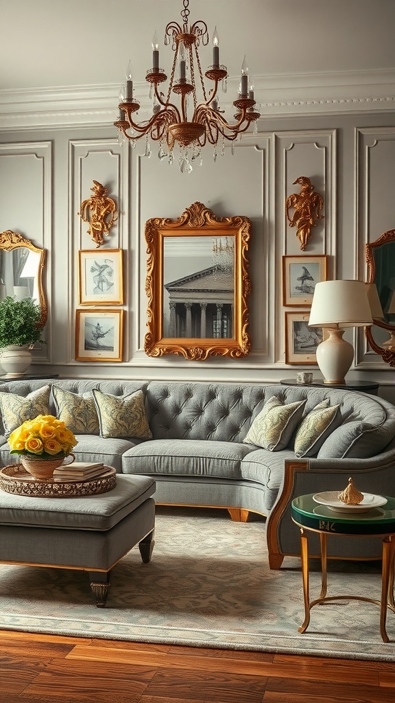 A vintage glamour living room featuring a grey tufted couch, golden-framed art, and an elegant chandelier.