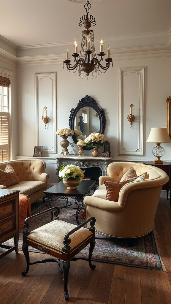 A vintage-style living room featuring beige sofas, a chandelier, a mirror, and floral decorations.